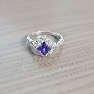 Lab created bright Amethyst and white topaz ring, size 7